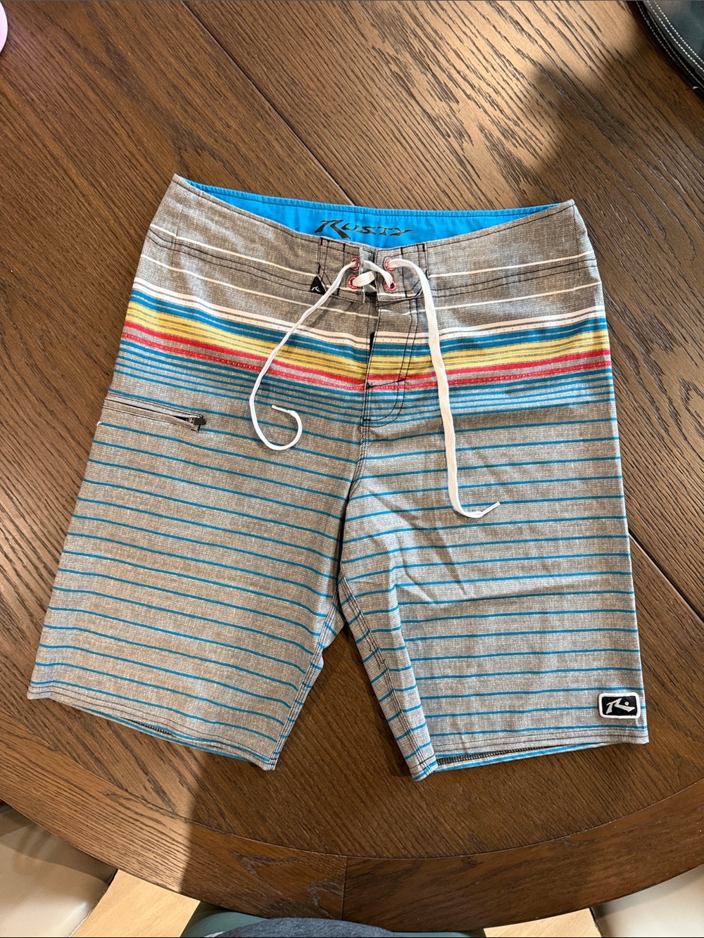 Rusty Gray and Blue Striped Men's Board Shorts with Rainbow Waistband